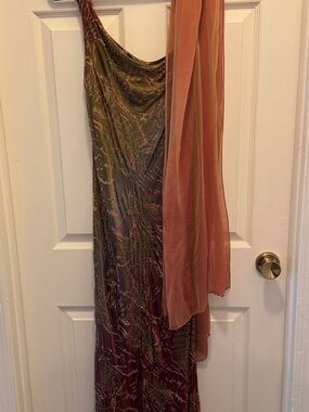 One-Shoulder 100% Silk Olive and Rust Gown with Rust Sheer Scarf